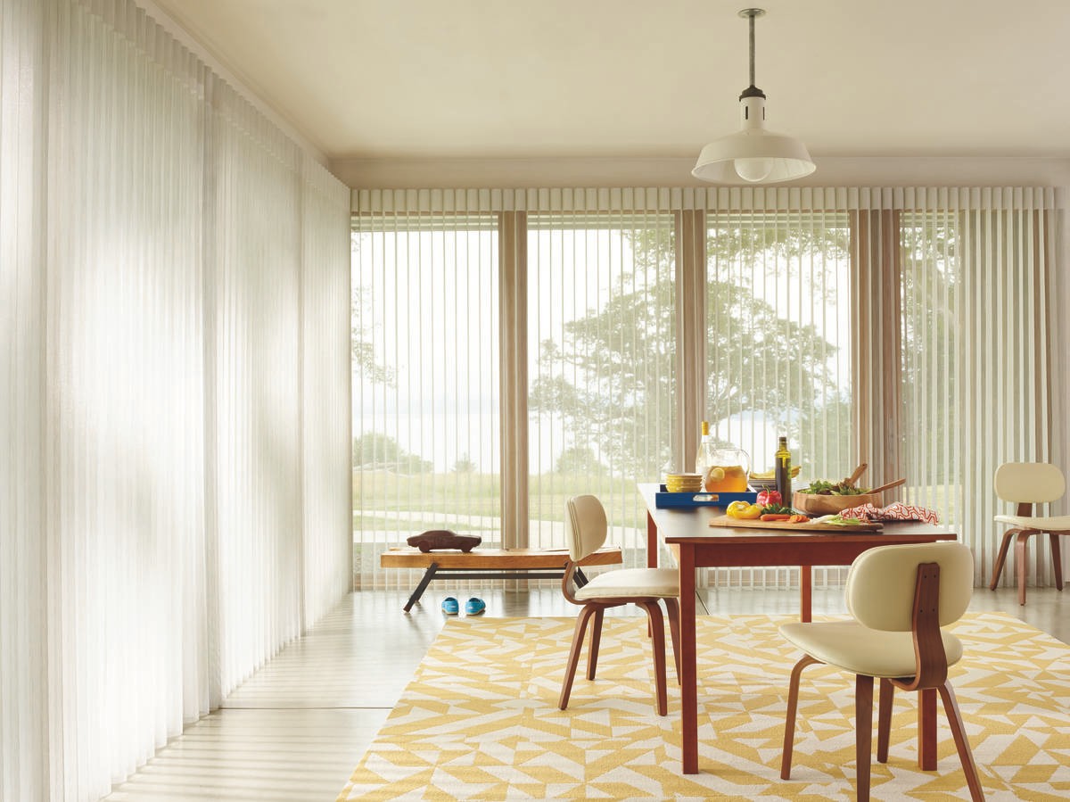 Dining room window treatments for homes near Hillsborough, New Jersey (NJ) including Luminette Privacy Sheers.