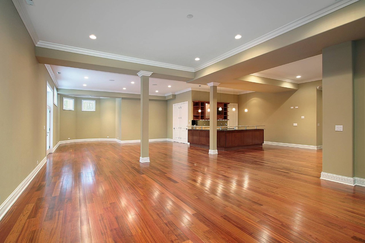 Hardwood flooring in a finished basement near Princeton & Hillsborough, NJ