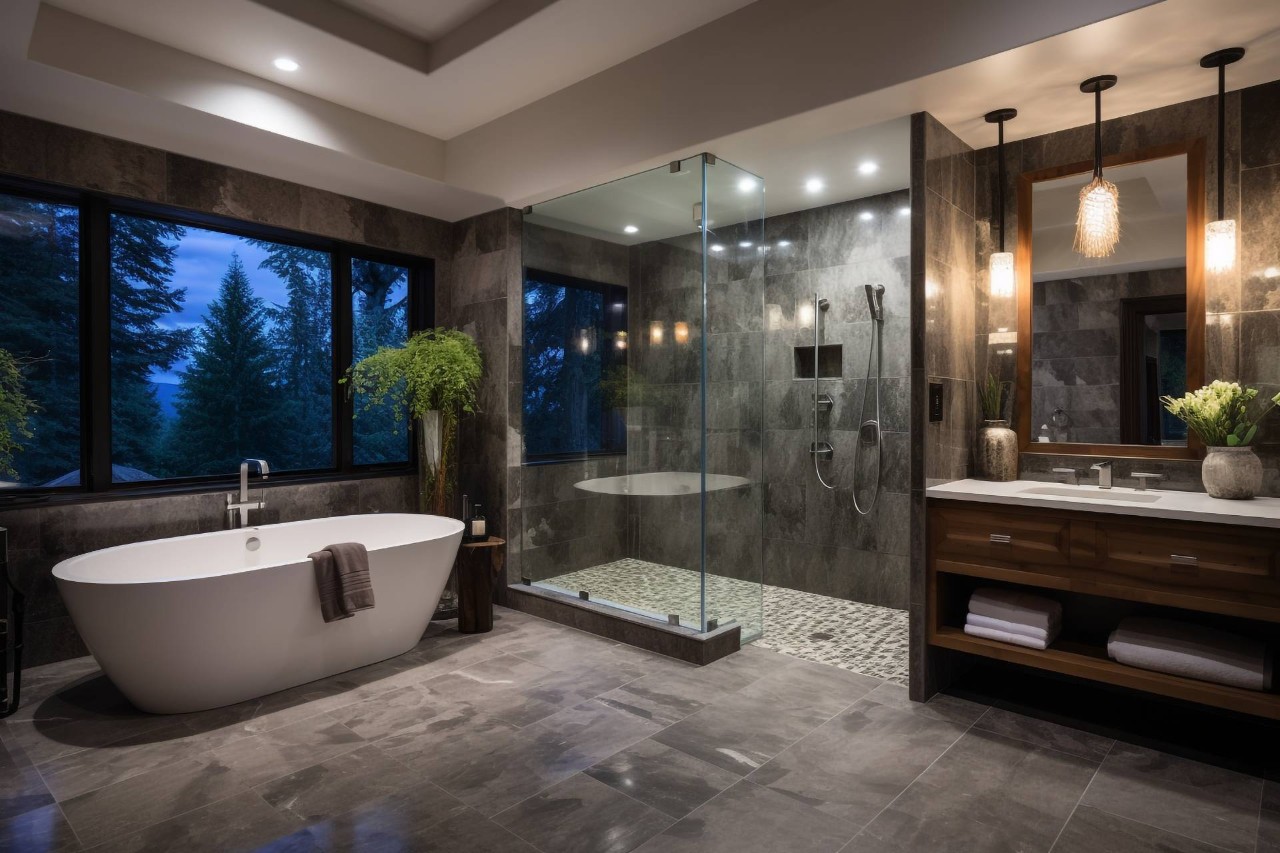 A luxurious, minimalistic bathroom with a tub, long sink, and bathroom flooring near New Jersey
