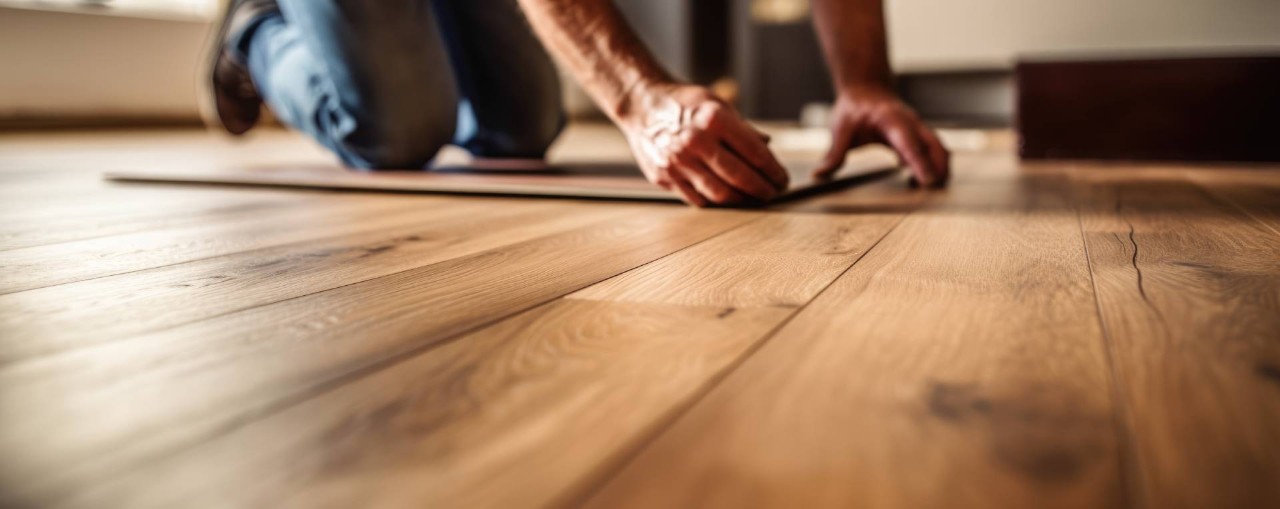 A man installing a set of wooden floor planks near Princeton and Hillsborough, NJ