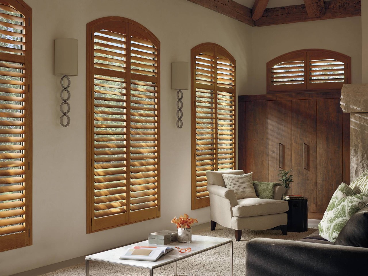 Hunter Douglas Heritance® Wood Shutters in a living room near Princeton and Hillsborough, NJ