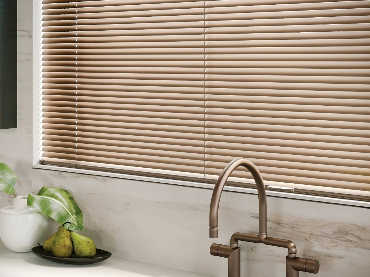 Hunter Douglas Modern Precious Metals® Mini Blinds on a wide, but not tall, kitchen sink window at Window Accents & Flooring near Princeton, NJ