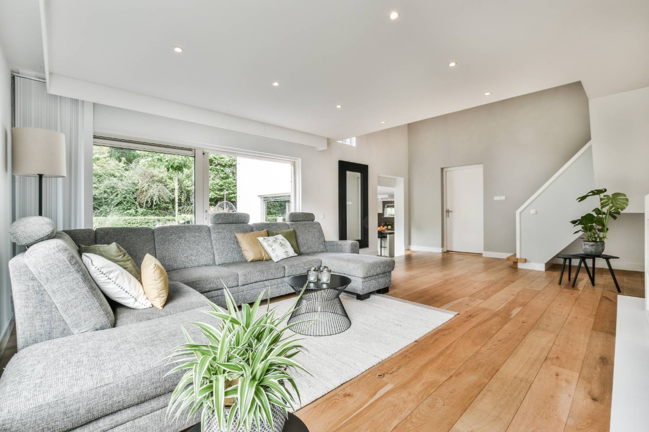 Bright hardwood floors in a large, open, and airy living room with modern decor and houseplants at Window Accents & Flooring near Princeton, NJ